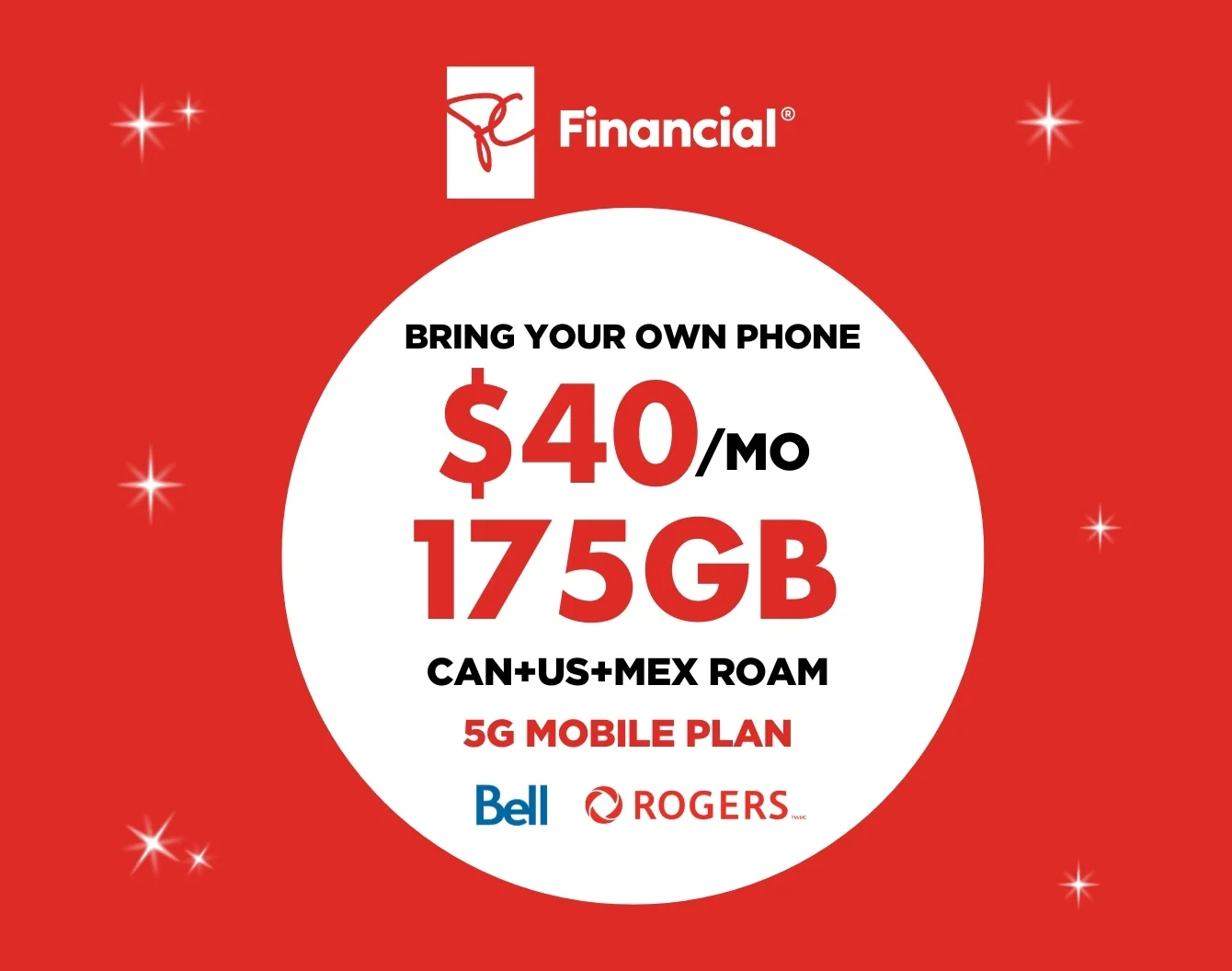 White President's Choice Financial logo above a white circle on a red background containing "175 GB FOR $40/MO with select carriers".